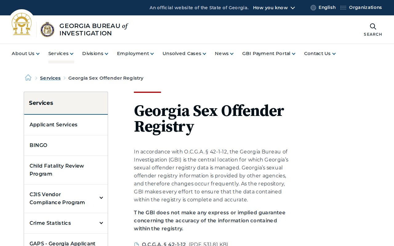 Georgia Bureau of Investigation sex offender registry information page for Terrell County searches